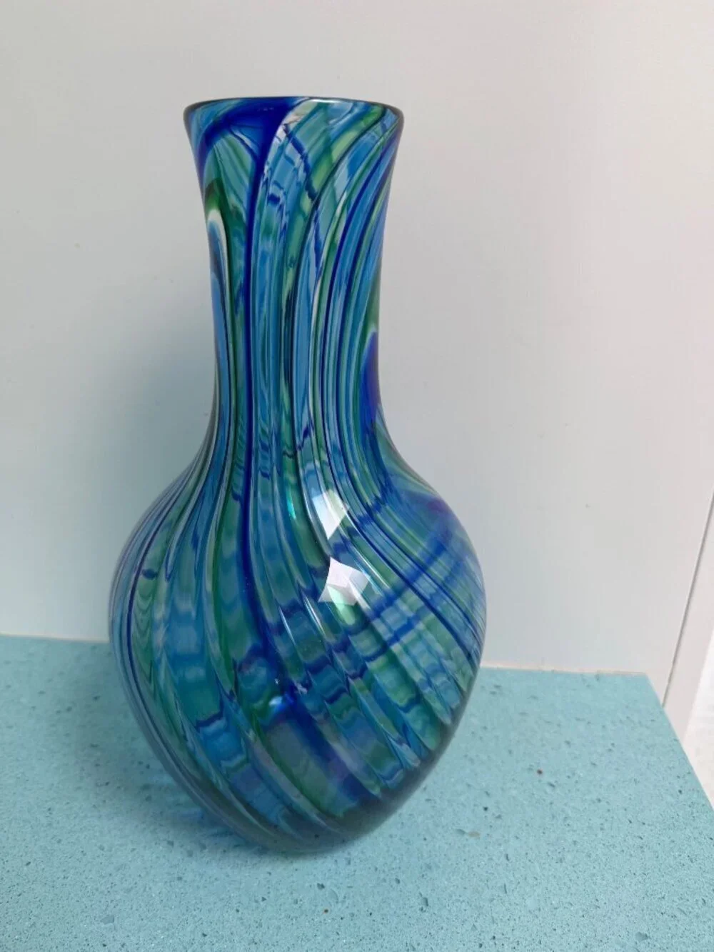 Michael Egan Vermont 2001 Handblown 12 inch Art Glass Vase Blue Green Handmade